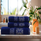 Navy Flower - 3-Pcs Jacquard Towel Set