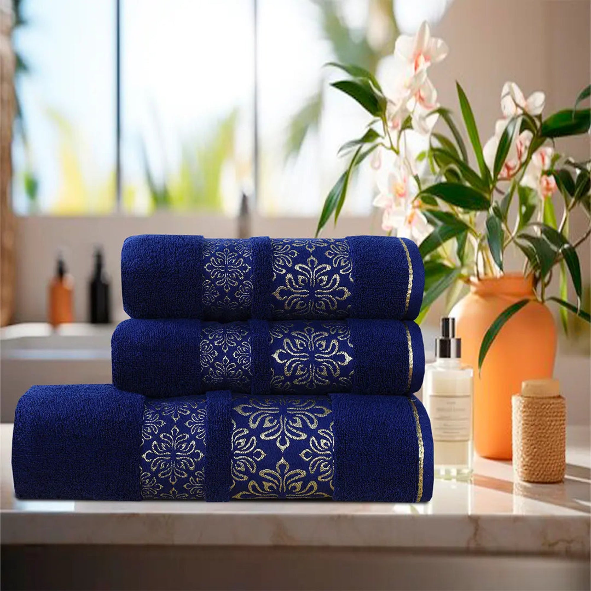 Navy Flower - 3-Pcs Jacquard Towel Set