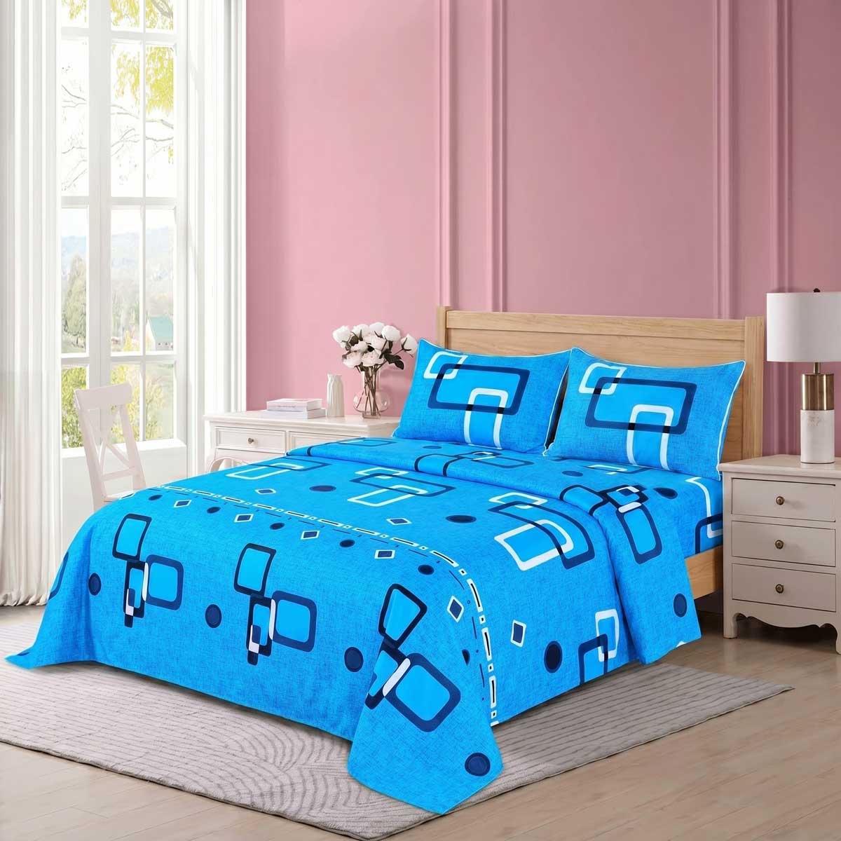3 Pcs King Size 100% Cotton Bedsheet - Geometric Square - Lotus