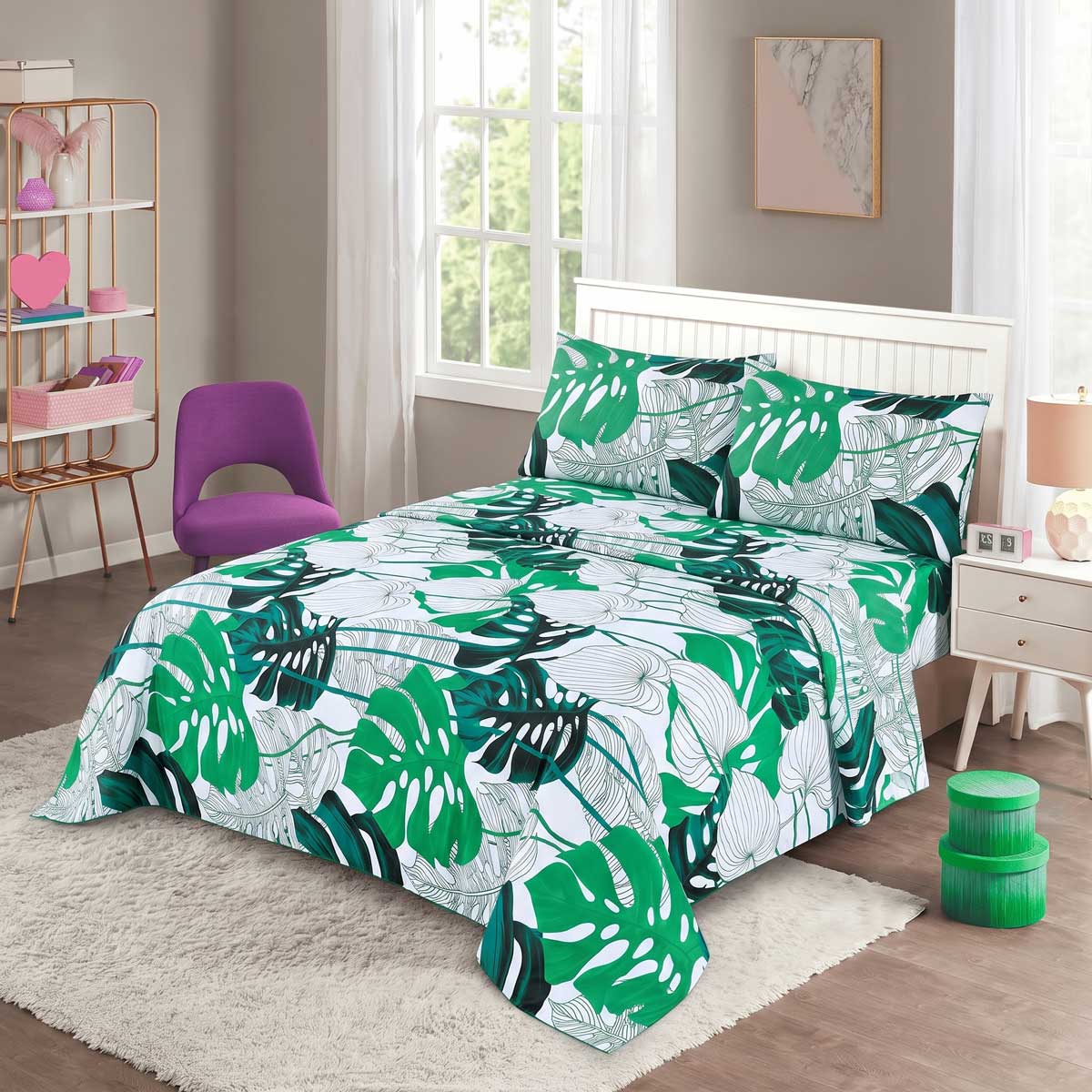 3 Pcs King Size 100% Cotton Bedsheet - Green & White Floral - Lotus