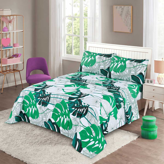 3 Pcs King Size 100% Cotton Bedsheet - Green & White Floral - Lotus