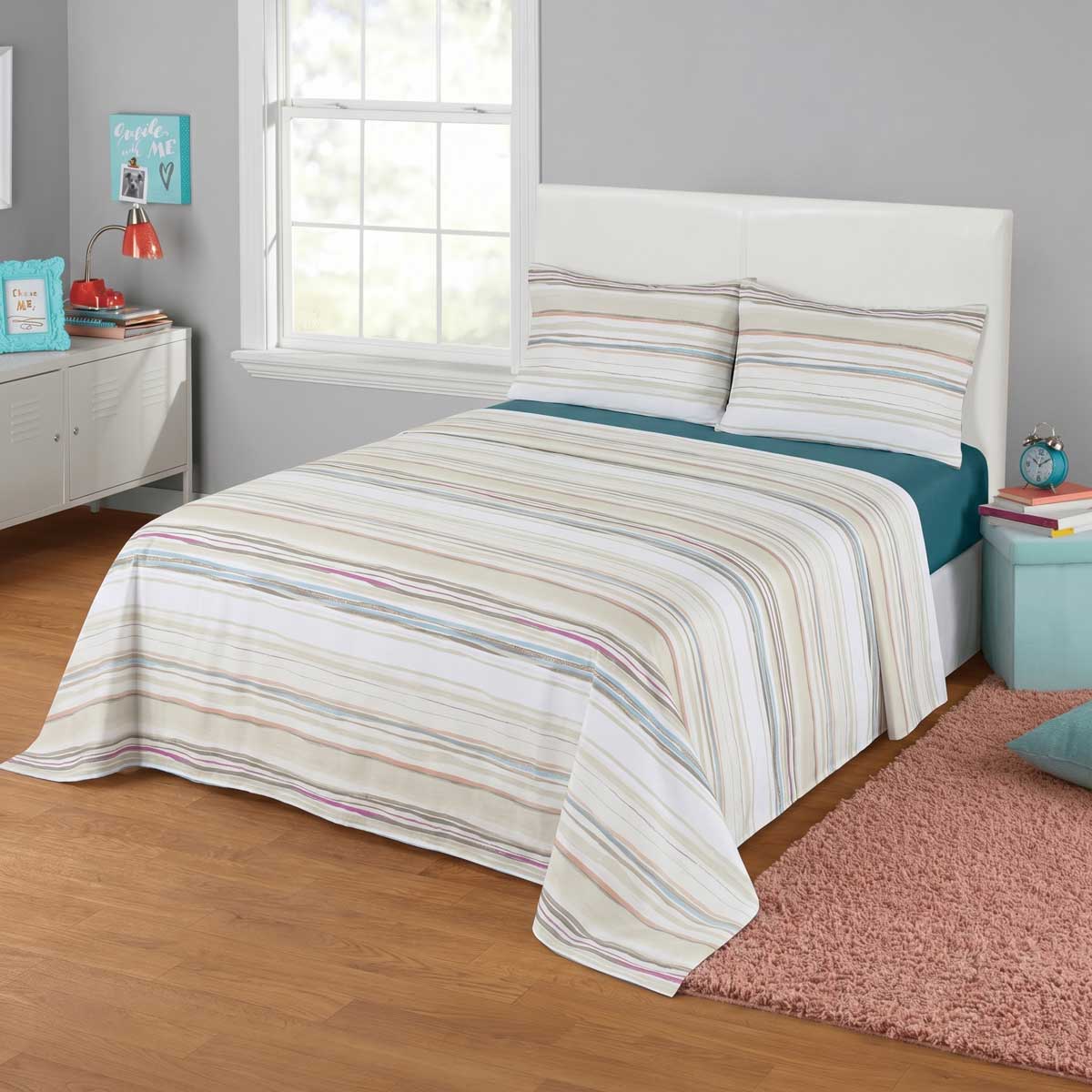 3 Pcs King Size 100% Cotton Bedsheet - Multi Stripes - Lotus