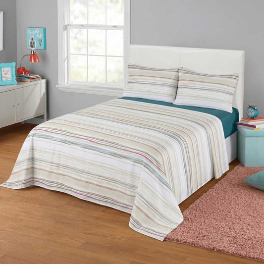 3 Pcs King Size 100% Cotton Bedsheet - Multi Stripes - Lotus