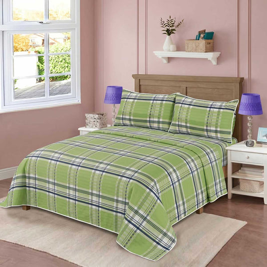 3 Pcs King Size 100% Cotton Bedsheet - Navy Green Plaid - Lotus