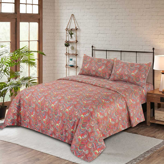 3 Pcs King Size 100% Cotton Bedsheet - Paisley - Lotus