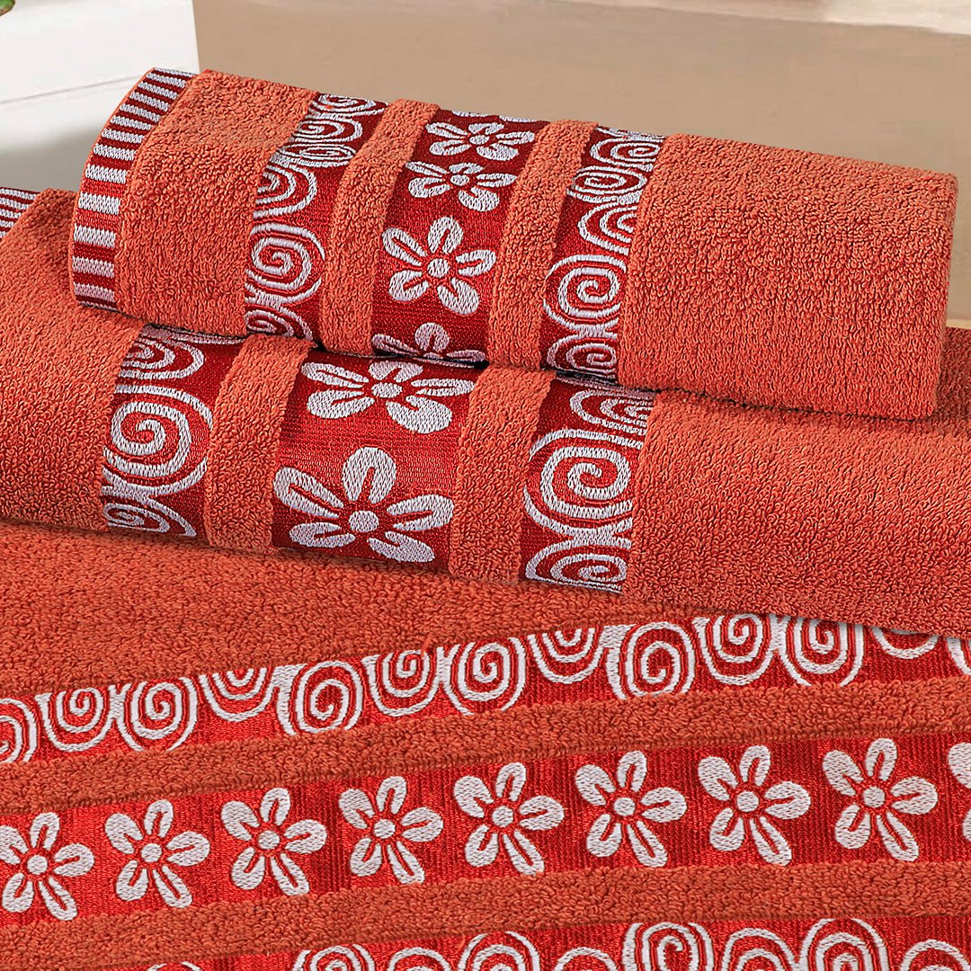 3 - Pcs Towel Set Flower & Circle Orange Rust - 460 - Lotus