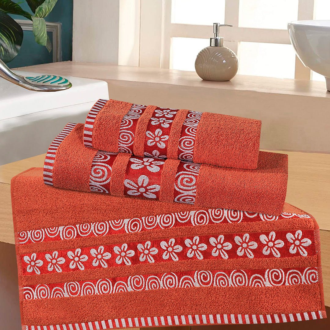 3 - Pcs Towel Set Flower & Circle Orange Rust - 460 - Lotus