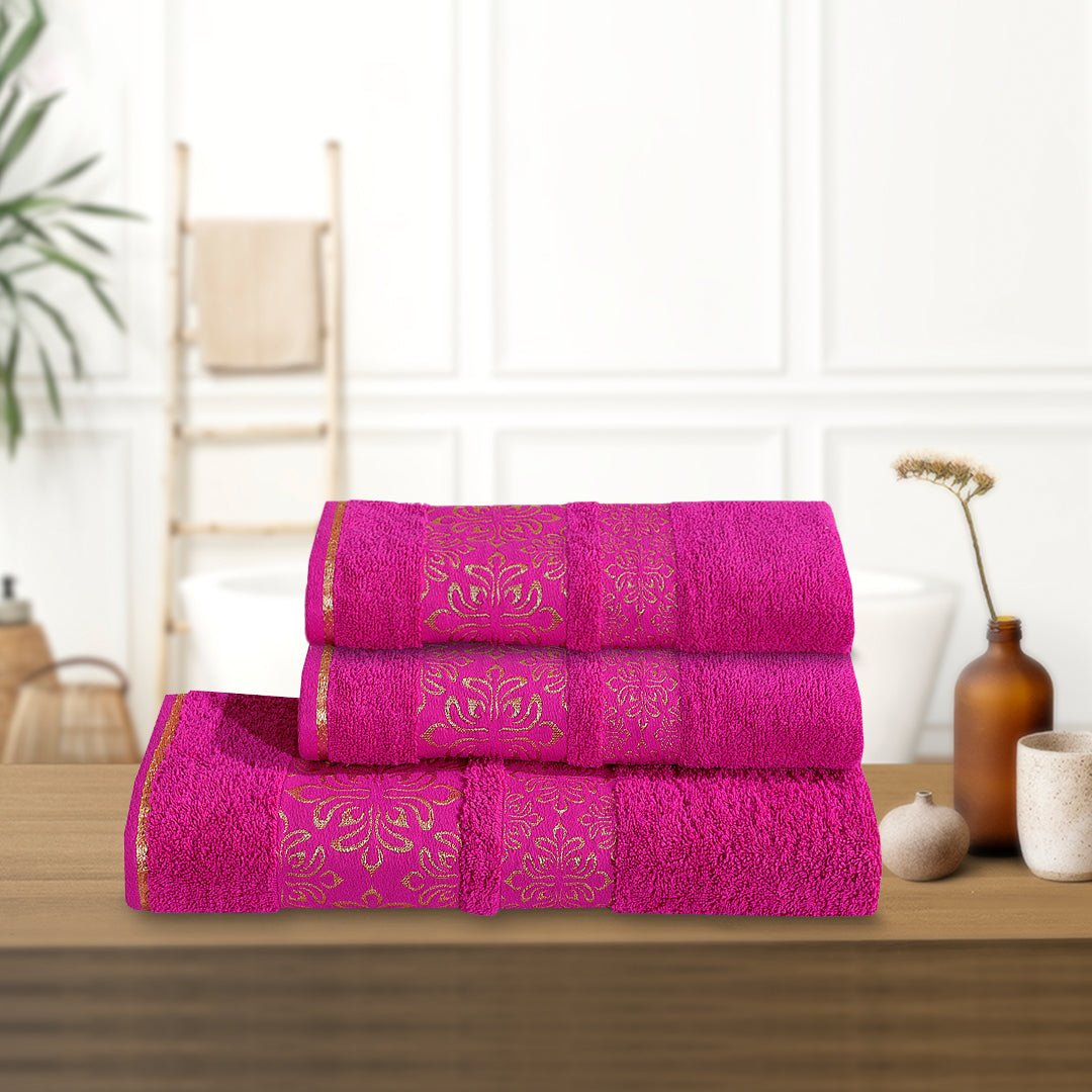 3 - Pcs Towel Set Flower Fuchsia - 476 - Lotus
