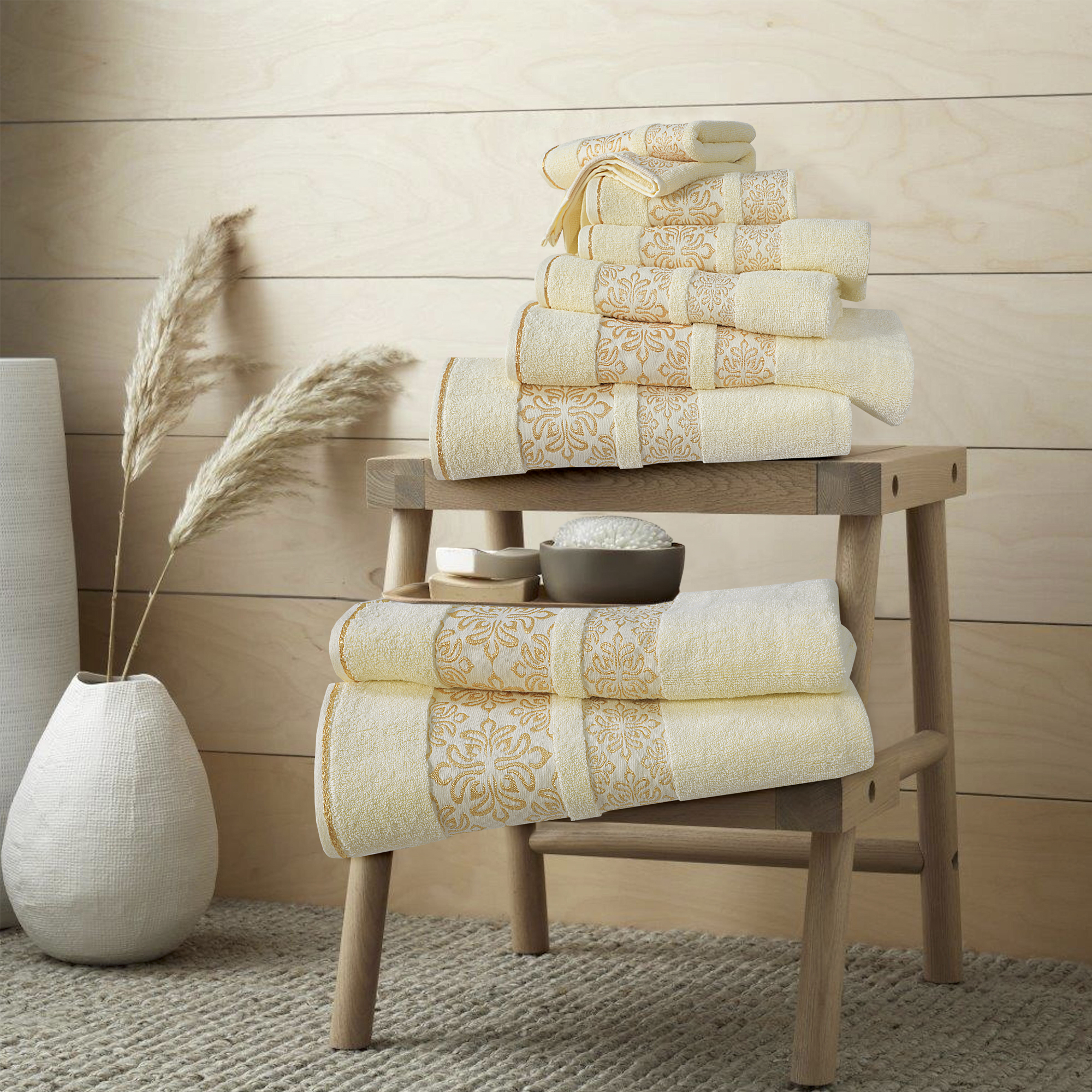 Cream Flower - 3-Pcs Jacquard Towel Set