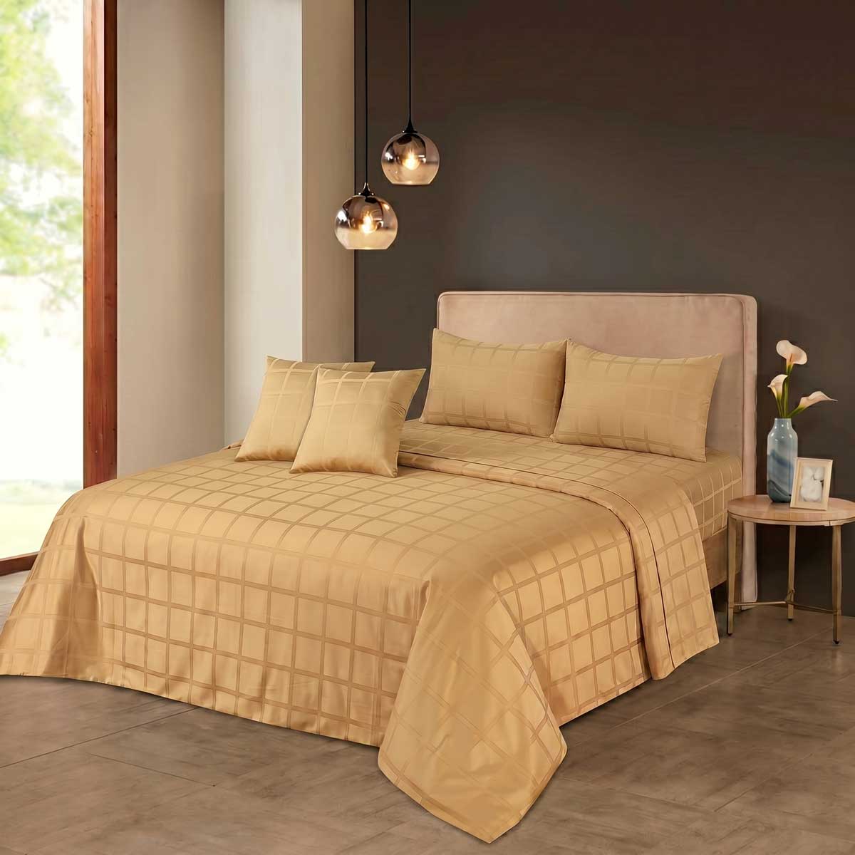 5 Pcs King Size 100% Cotton Sateen Bedsheet - Square Boulder - Lotus