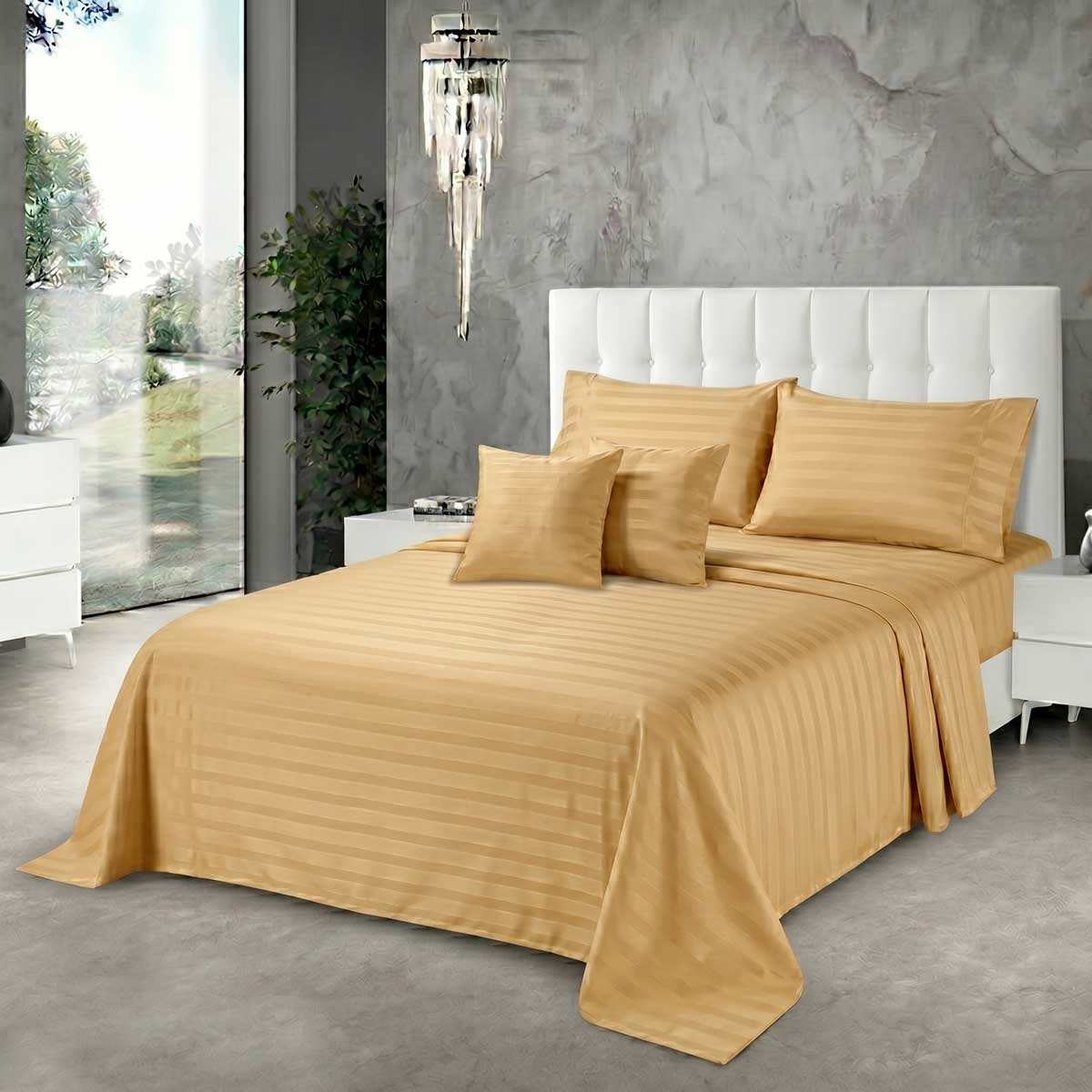 5 Pcs King Size 100% Cotton Sateen Bedsheet - Stripes Boulder - Lotus