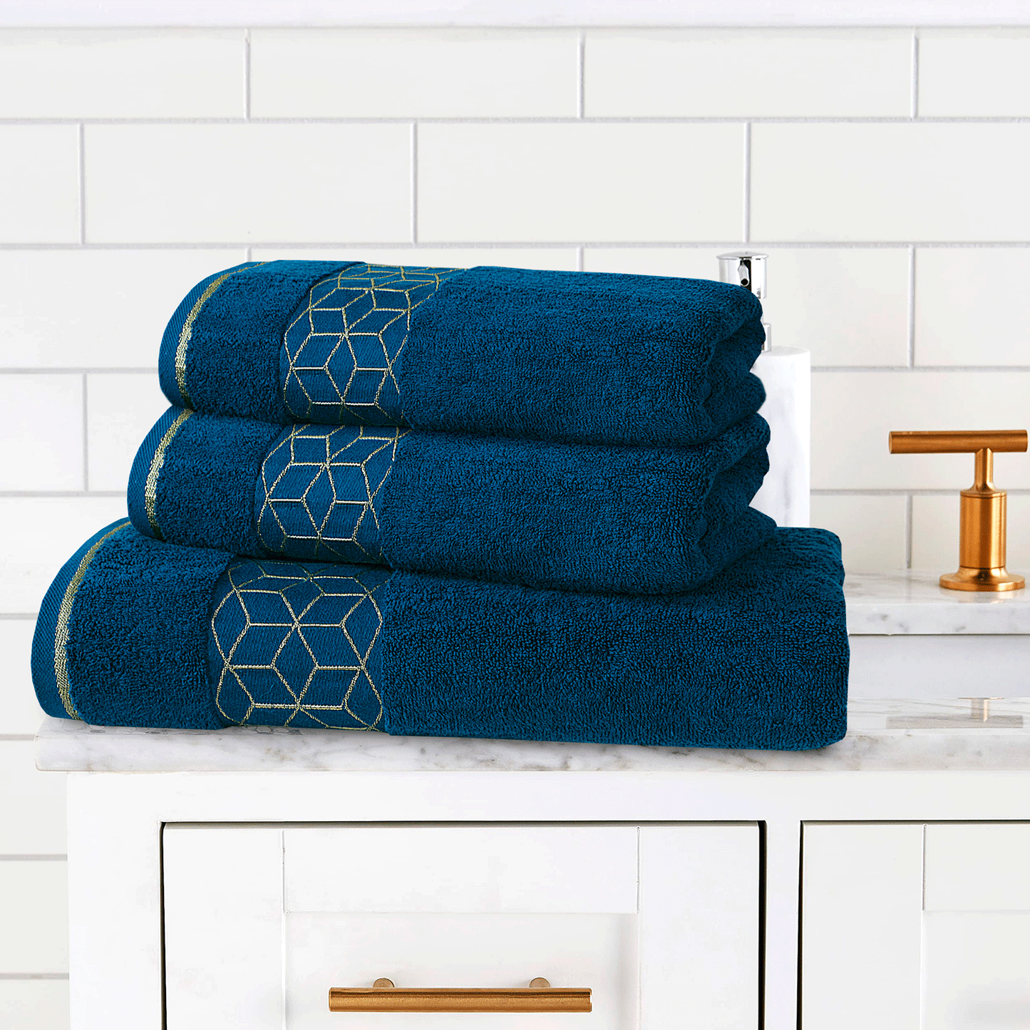 100% Cotton Jacquard Towel Set – Teal Diamond, 3 Pc, 500 GSM, Soft, Absorbent & Durable