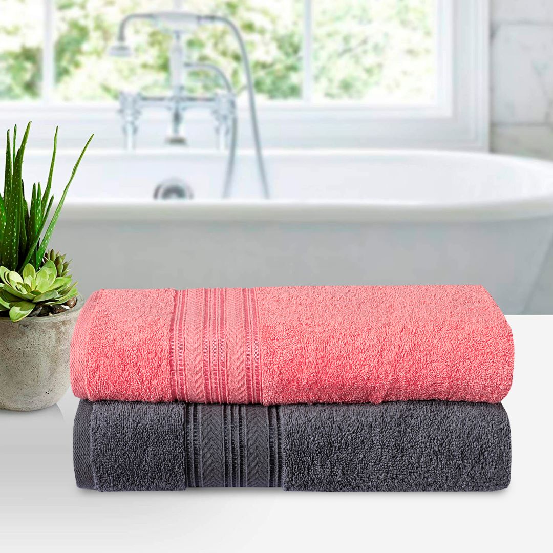 Bath Towel V Fancy Border (Pack Of 2) Pink & Gray-525