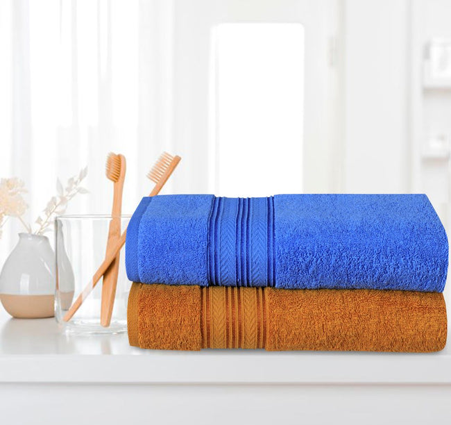 Bath Towel V Fancy Border (Pack Of 2) Mustard & Blue-524 Hover Image
