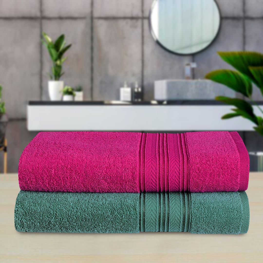 Bath Towel V Fancy Border (Pack Of 2) Fuchsia & Mint-529