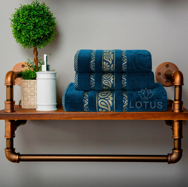 Teal Imperial Leaf - 3-Pcs Jacquard Towel Set Hover Image