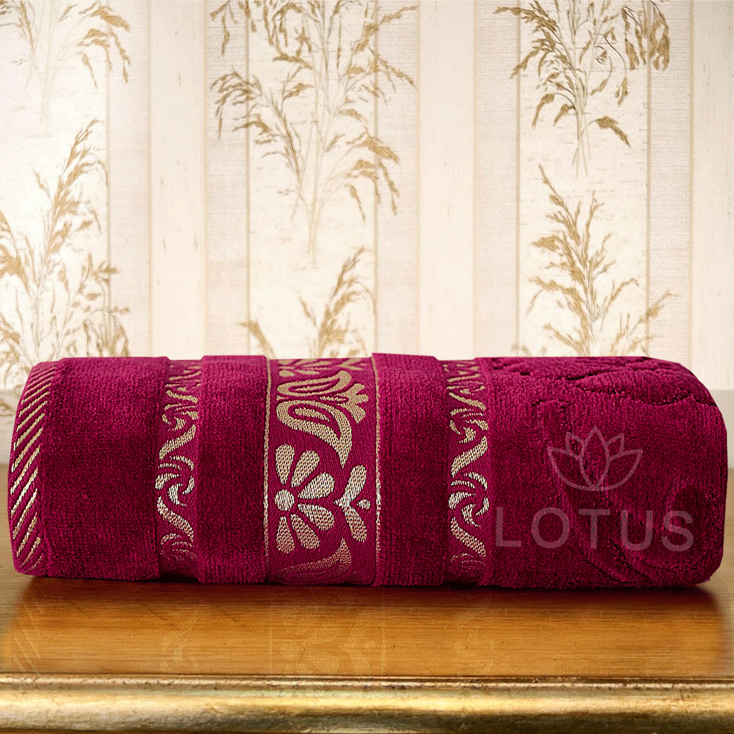 100% Cotton Jacquard Bath Towel – Maroon Imperial Leaf, 1 Pc, 500 GSM, Soft, Absorbent & Durable
