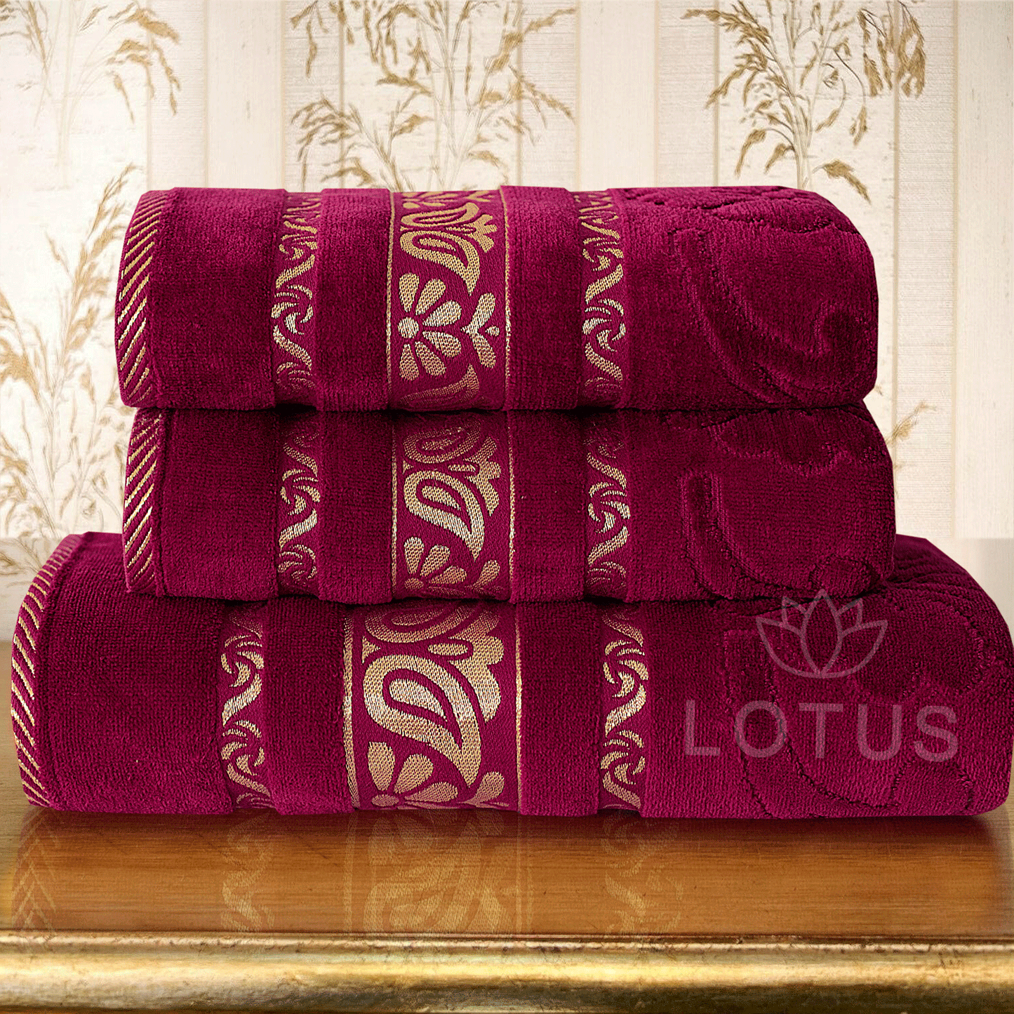 100% Cotton Jacquard Towel Set – Maroon Imperial Leaf, 3 Pc, 500 GSM, Soft, Absorbent & Durable
