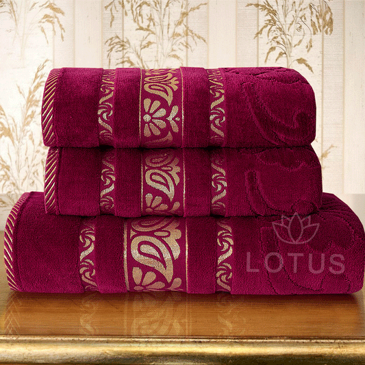 100% Cotton Jacquard Towel Set – Maroon Imperial Leaf, 3 Pc, 500 GSM, Soft, Absorbent & Durable
