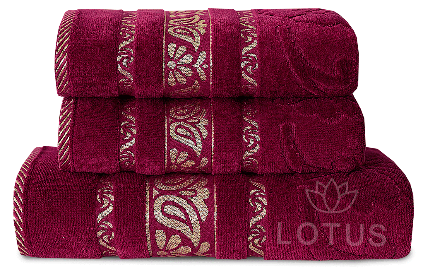 100% Cotton Jacquard Towel Set – Maroon Imperial Leaf, 3 Pc, 500 GSM, Soft, Absorbent & Durable