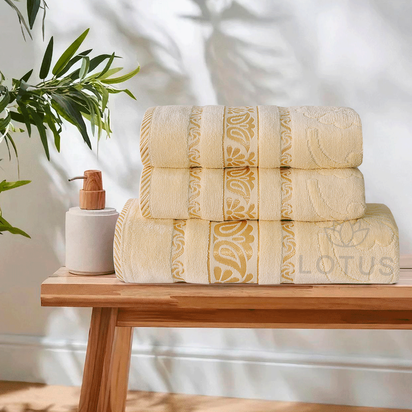 100% Cotton Jacquard Towel Set – Cream Imperial Leaf, 3 Pc, 500 GSM, Soft, Absorbent & Durable