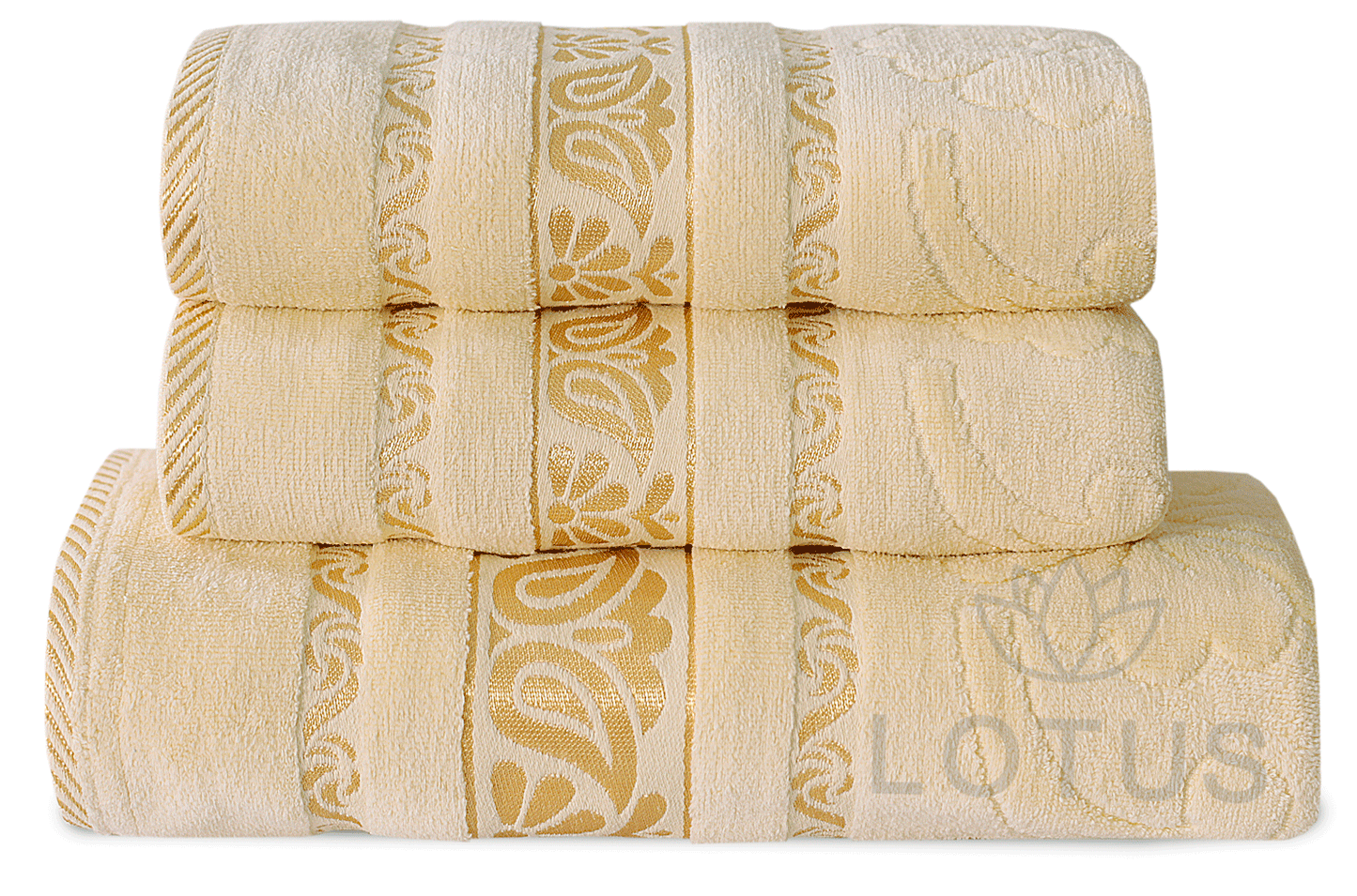 100% Cotton Jacquard Towel Set – Cream Imperial Leaf, 3 Pc, 500 GSM, Soft, Absorbent & Durable