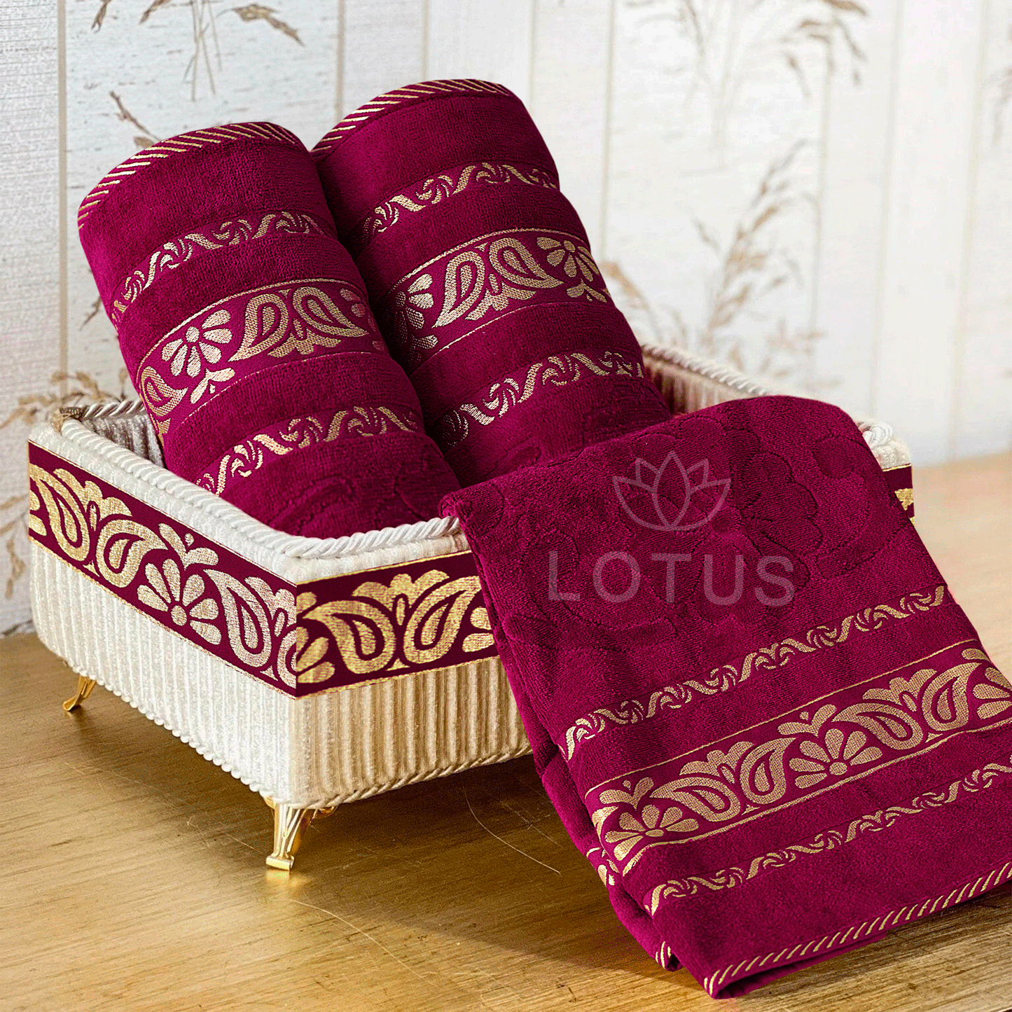 100% Cotton Jacquard Towel Set – Maroon Imperial Leaf, 3 Pc, 500 GSM, Soft, Absorbent & Durable