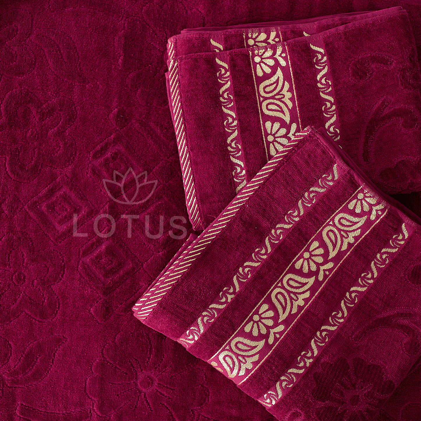 100% Cotton Jacquard Towel Set – Maroon Imperial Leaf, 3 Pc, 500 GSM, Soft, Absorbent & Durable