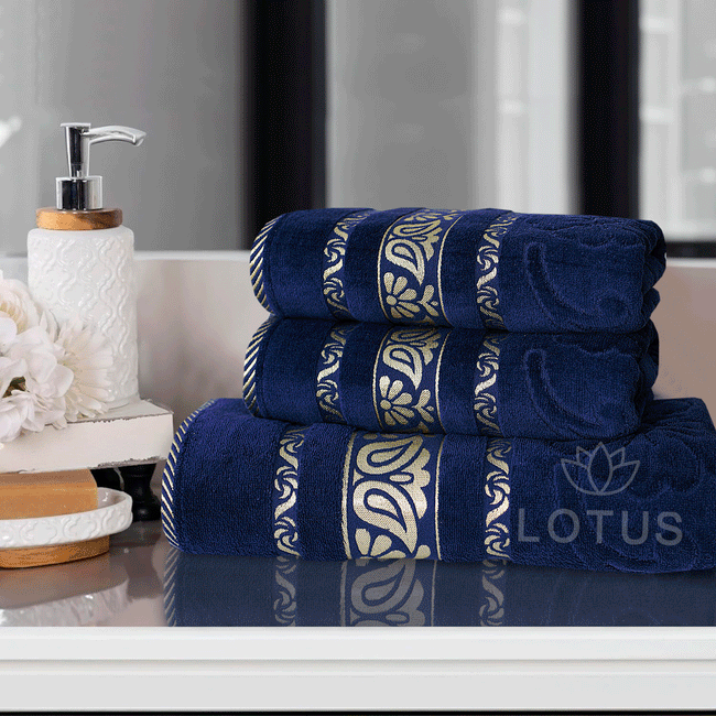 Navy Imperial Leaf - 3-Pcs Jacquard Towel Set Hover Image