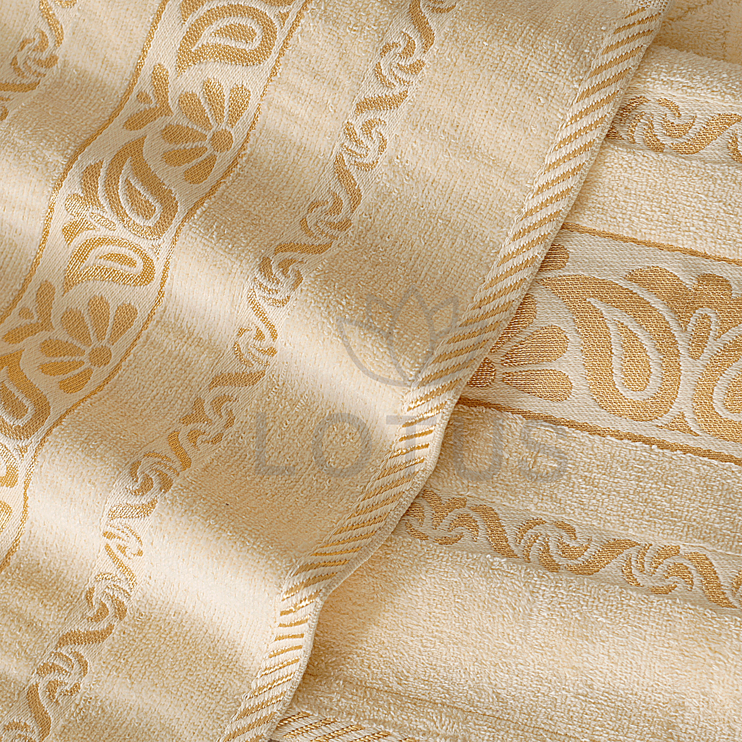 100% Cotton Jacquard Towel Set – Cream Imperial Leaf, 3 Pc, 500 GSM, Soft, Absorbent & Durable