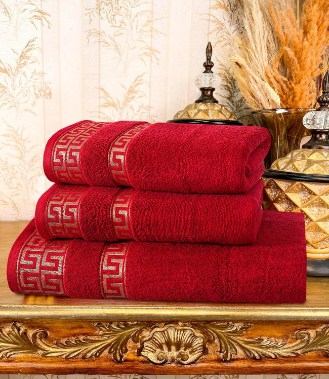 Maroon Greek Key - 3-Pcs Jacquard Towel Set Hover Image