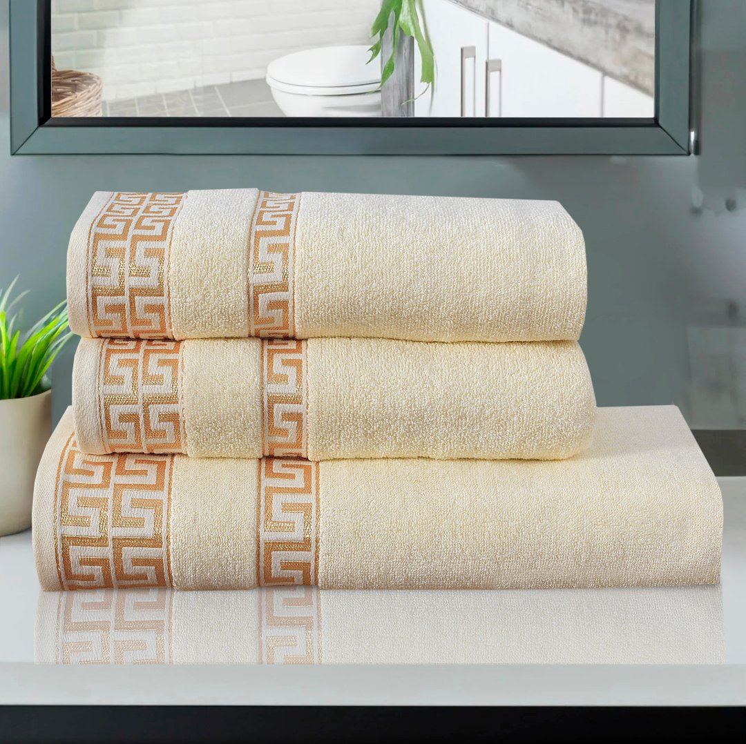 100% Cotton Jacquard Towel Set – Cream Greek Key, 3 Pc, 500 GSM, Soft, Absorbent & Durable