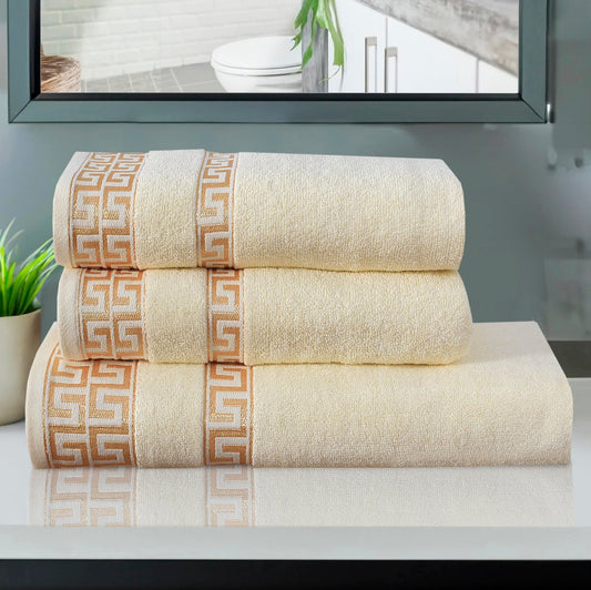100% Cotton Jacquard Towel Set – Cream Greek Key, 3 Pc, 500 GSM, Soft, Absorbent & Durable