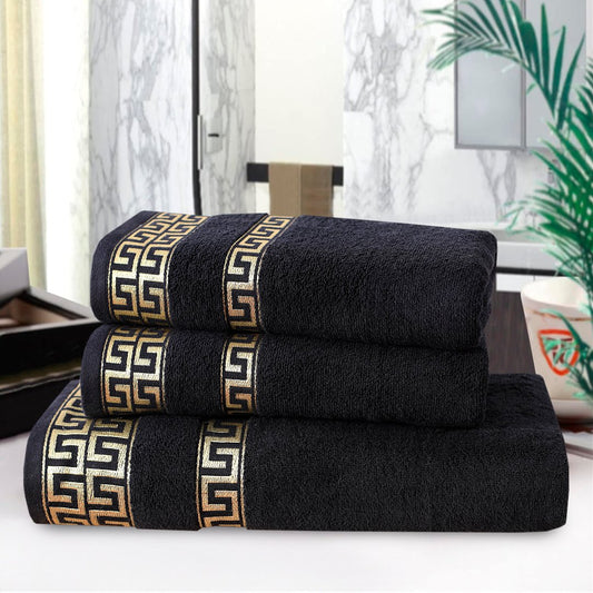 100% Cotton Jacquard Towel Set – Jet Black Greek Key, 3 Pc, 500 GSM, Soft, Absorbent & Durable