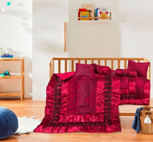 6 Pieces Fancy Baby Cot Set Maroon-30271