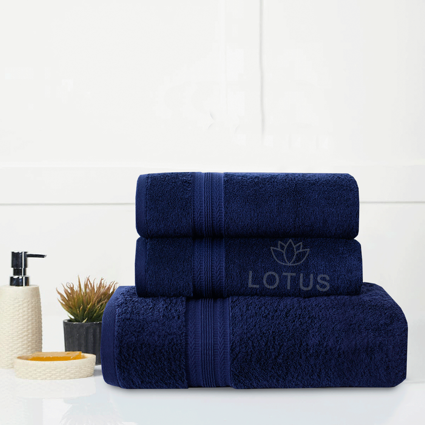 100% Cotton Towel Set – Navy V Stripe, 3 Pc, 500 GSM, Soft, Absorbent & Durable