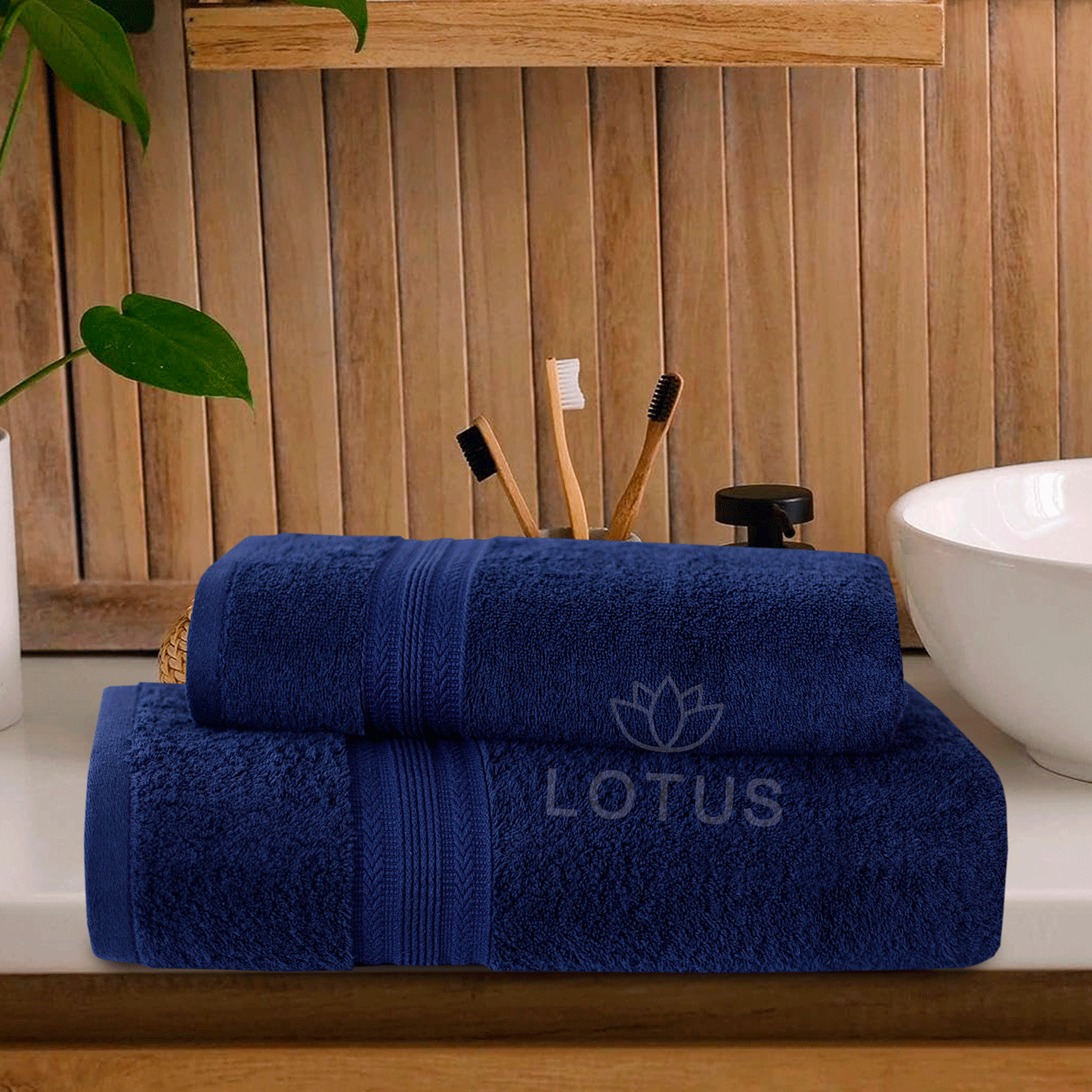 100% Cotton Jacquard Bath Towel Set – Navy V Stripe, 2 Pc, 500 GSM, Soft, Absorbent & Durable