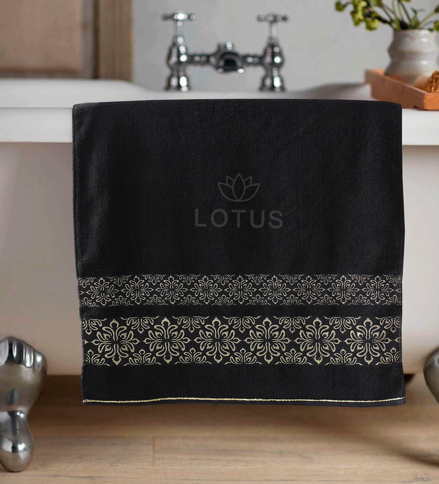 100% Cotton Jacquard Bath Towel – Jet Black Flower, 1 Pc, 500 GSM, Soft, Absorbent & Durable