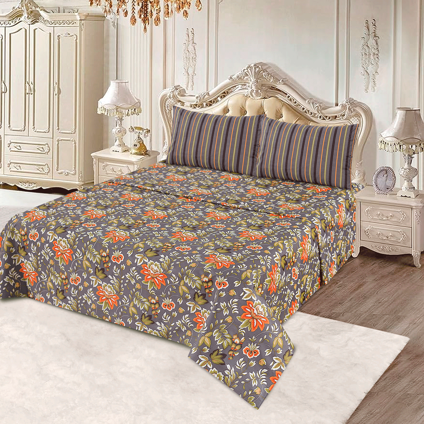 3 Pcs King Size Cotton Mix Bedsheet - Emerald Blossom Charm