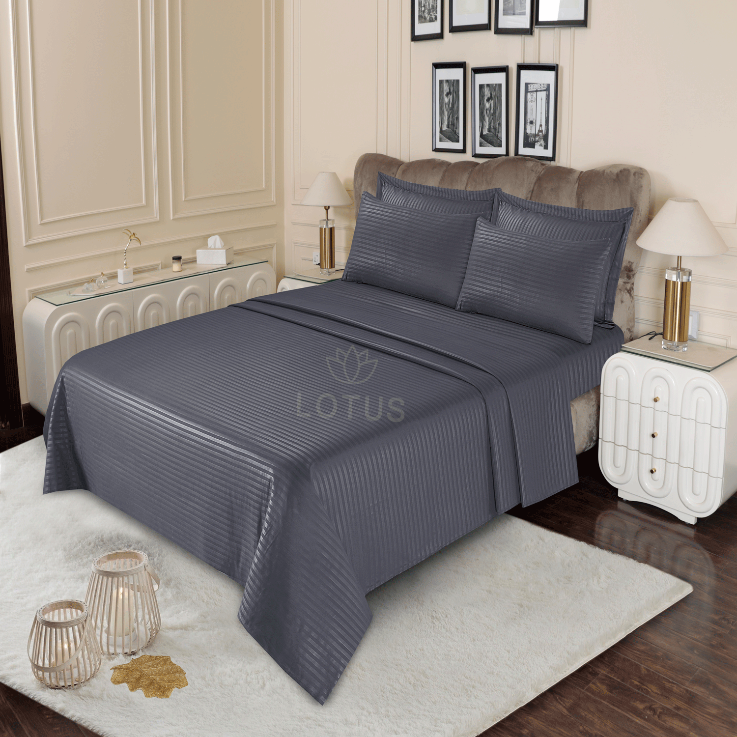 Charcoal Stripe Sateen - Bed Sheet Set King