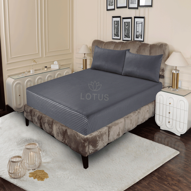 Charcoal Gray Stripe Sateen - Fitted Sheet Set King Hover Image