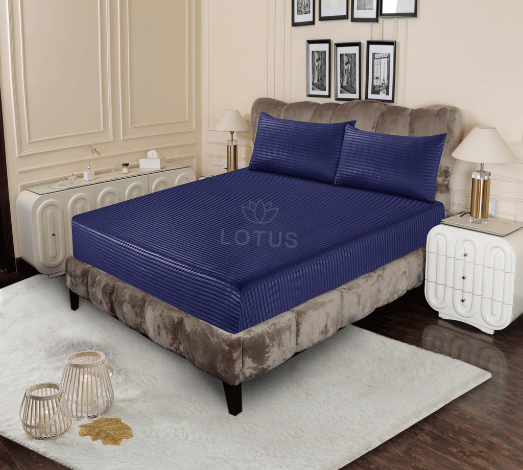 Navy Blue Stripe Sateen - Fitted Sheet Set King