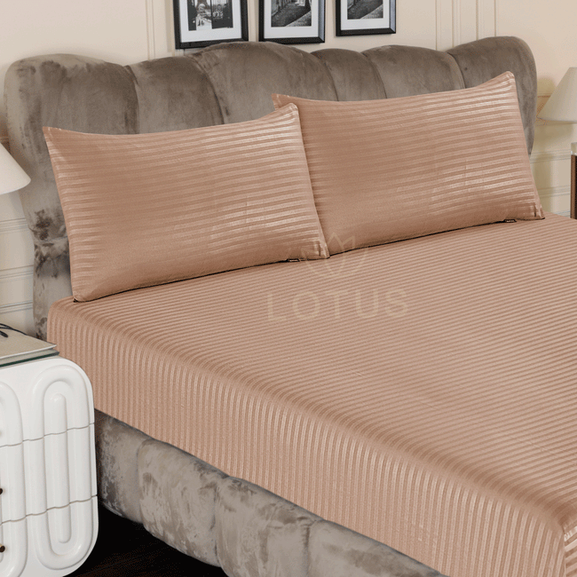 Beige Stripe Sateen - Fitted Sheet Set King Main Image