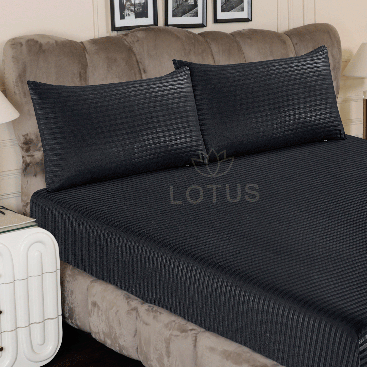 Ultra Soft Fitted Sheet Set – Black Stripe, King Size, 3 Pc