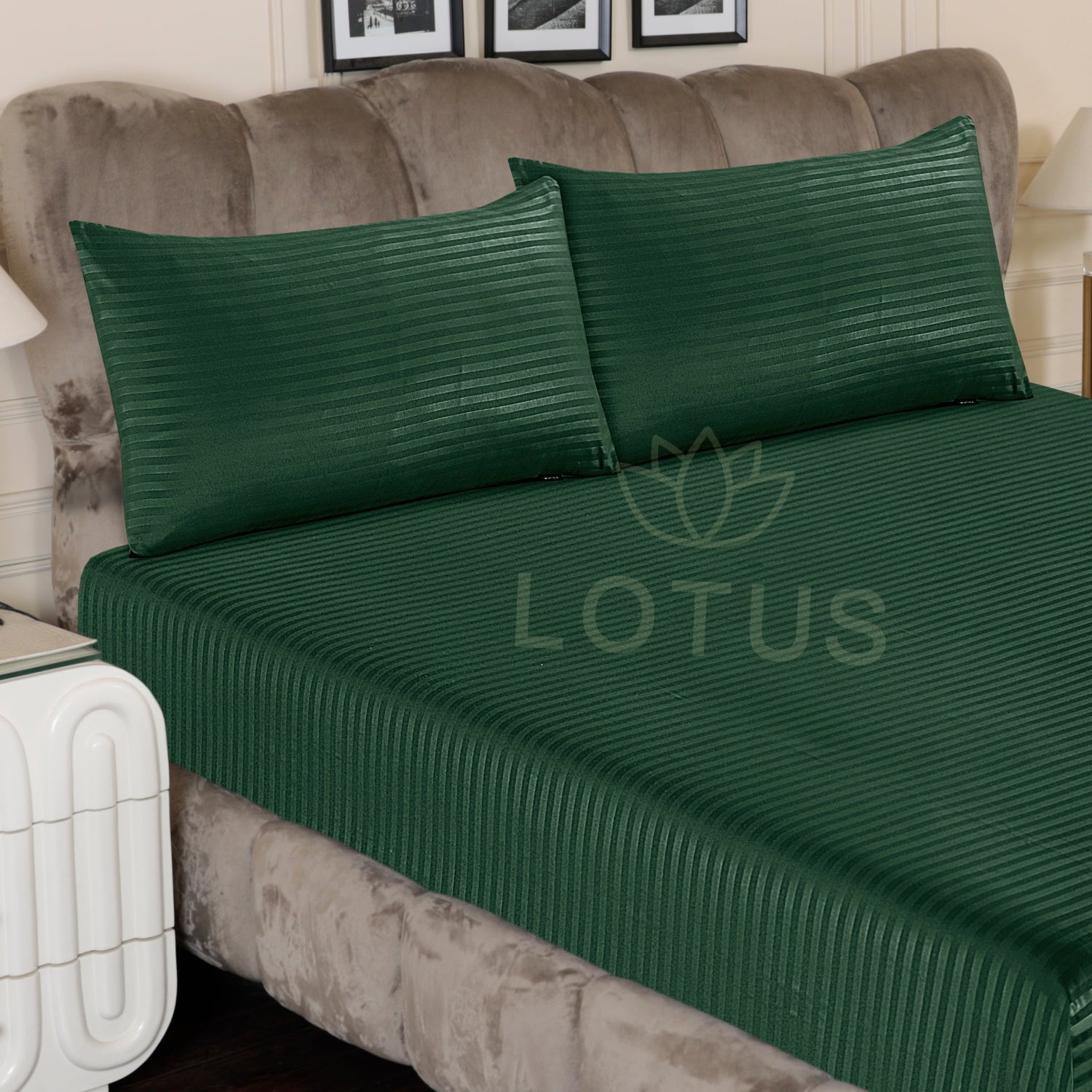 Green Stripe Sateen - Fitted Sheet Set King