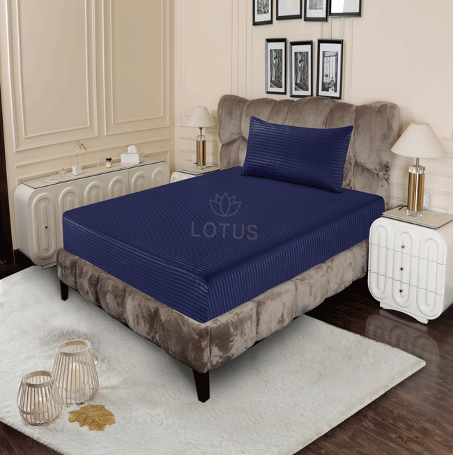 Navy Blue Stripe Sateen - Fitted Sheet Set Single Hover Image
