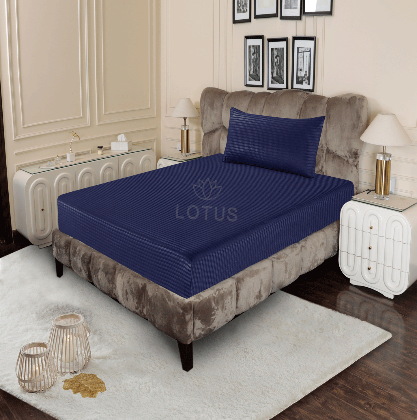 Navy Blue Stripe Sateen - Fitted Sheet Set Single