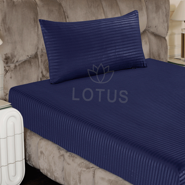 Navy Blue Stripe Sateen - Fitted Sheet Set Single Main Image
