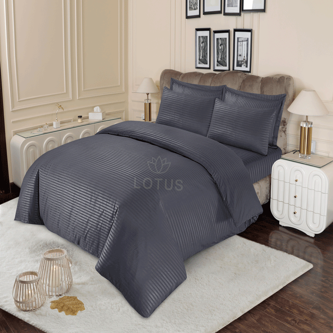 Charcoal Gray Stripe Sateen - Duvet Cover Set 3 Pcs Hover Image