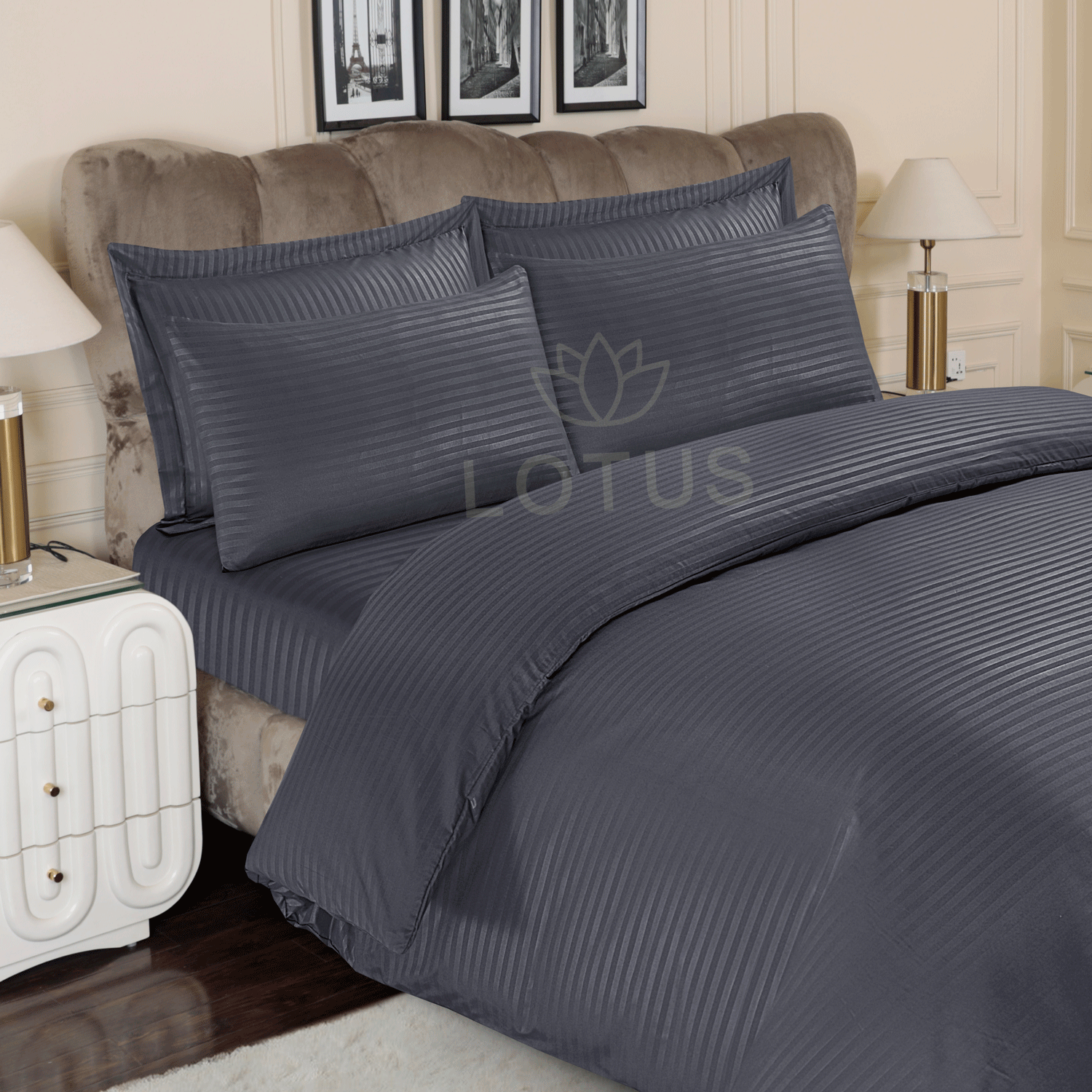 Charcoal Gray Stripe Sateen - Duvet Cover Set 6 Pcs